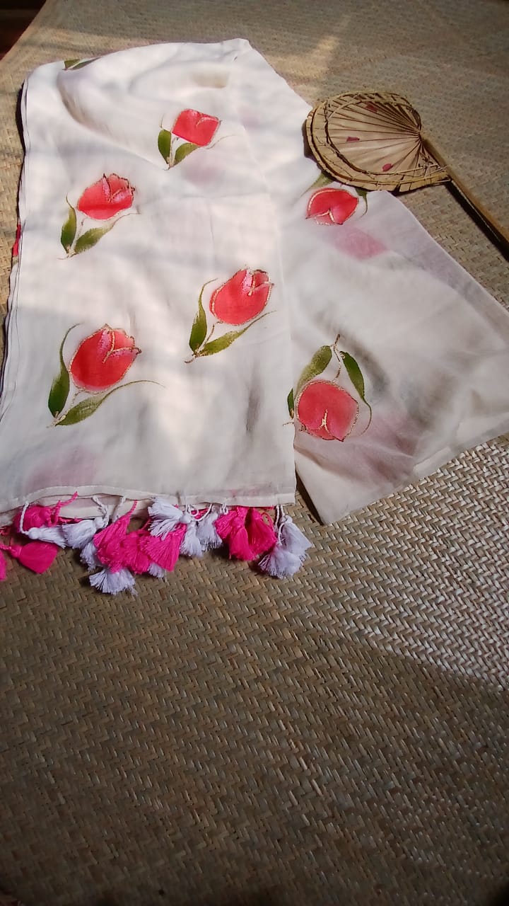 WHITE TULIP HANDPAINTED ZARI SAREE