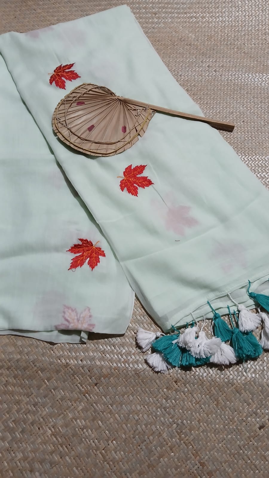 MUL COTTON LIGHT SEA GREEN COLOUR MAPPLE LEAF EMBROIDERED SAREE