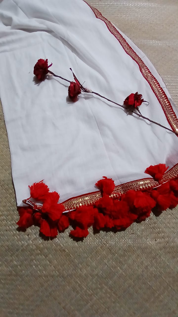 WHITE WITH GUJRATI WORK RED ZARI BORDER