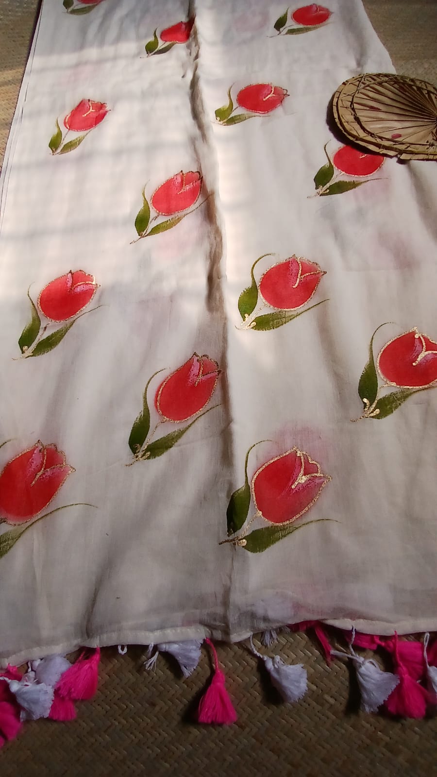 WHITE TULIP HANDPAINTED ZARI SAREE