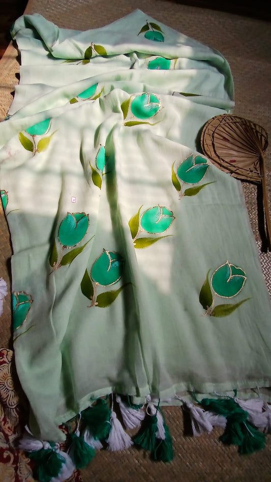 LIGHT GREEN TULIP HANDPAINTED ZARI SAREE