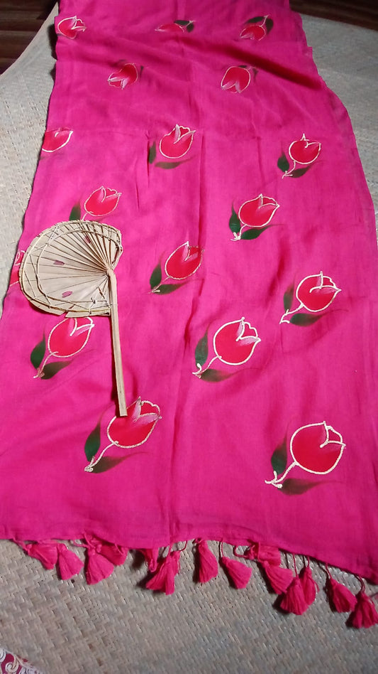 PINK TULIP HANDPAINTED ZARI SAREE
