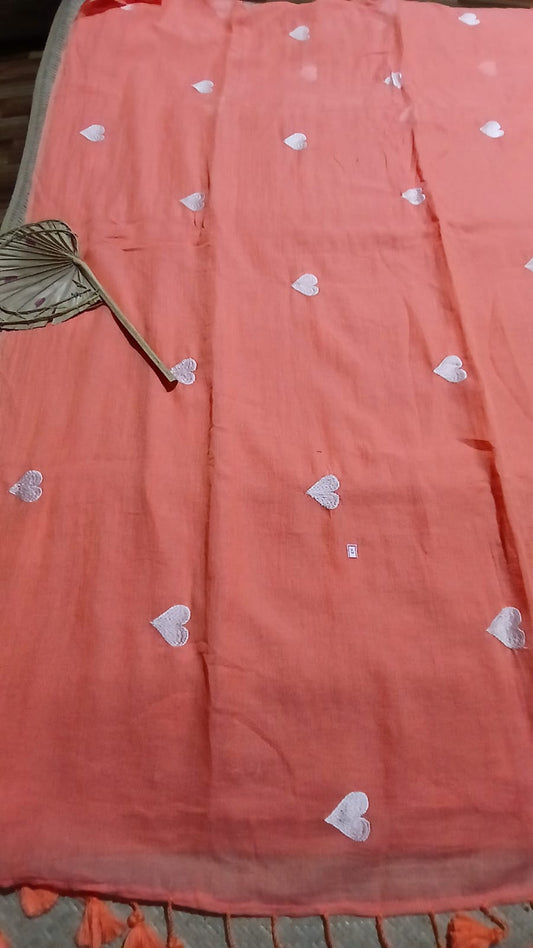 MUL COTTON HEART EMBROIDERY PEACH COLOURED SAREE