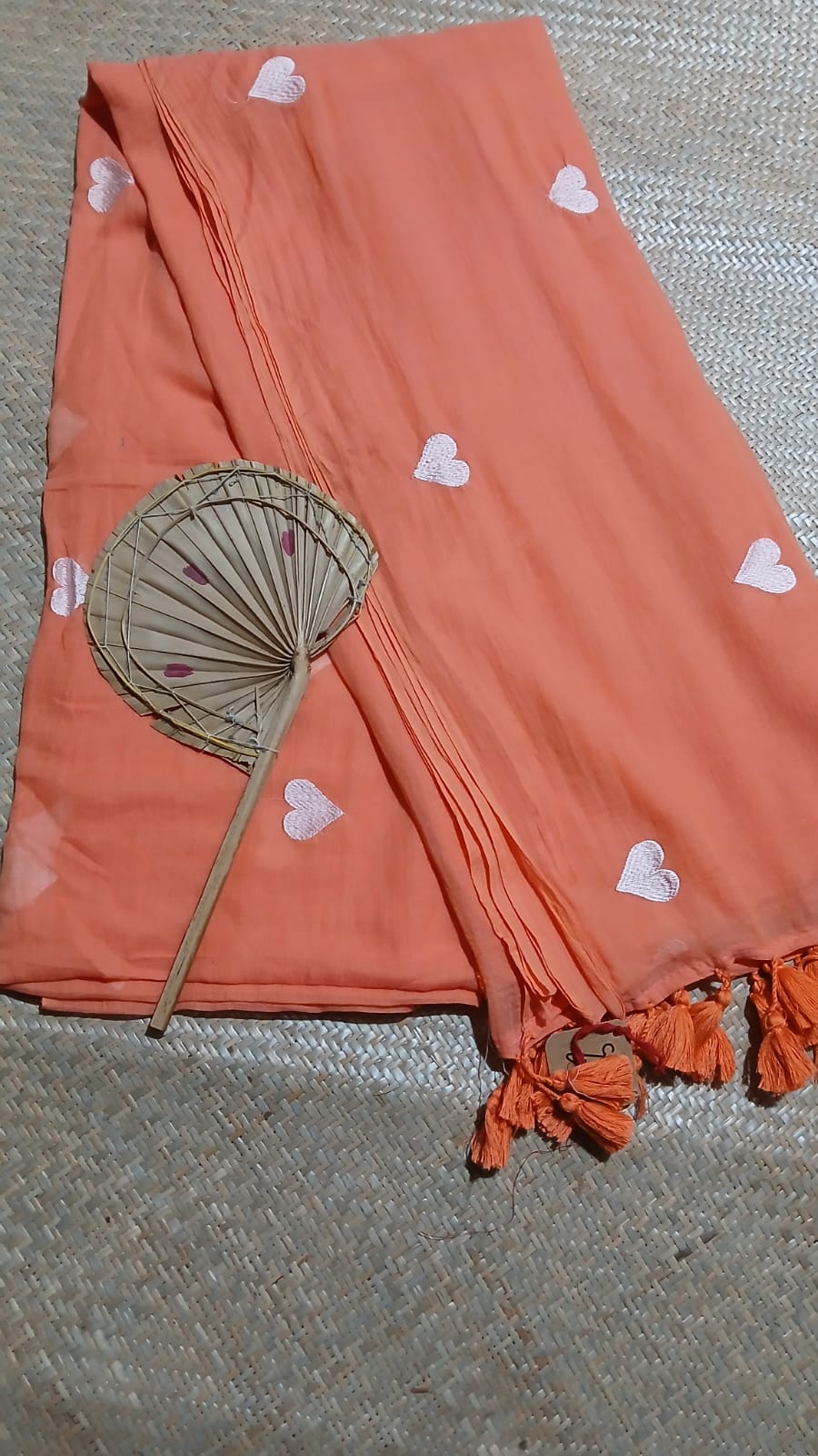 MUL COTTON HEART EMBROIDERY PEACH COLOURED SAREE