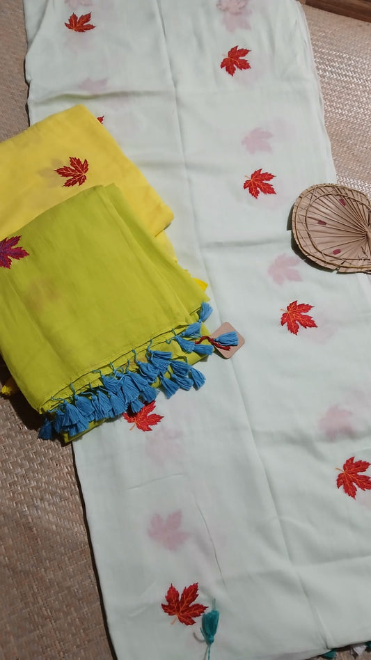MUL COTTON LIGHT SEA GREEN COLOUR MAPPLE LEAF EMBROIDERED SAREE