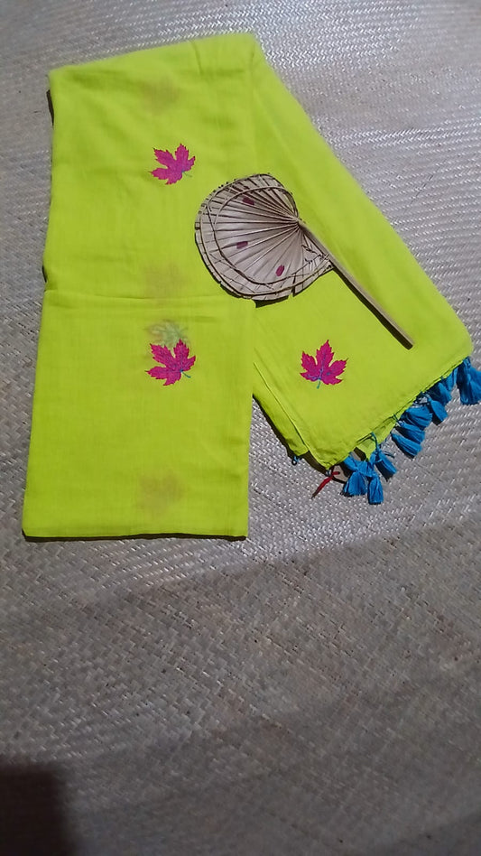 MUL COTTON LIGHT GREEN COLOUR MAPPLE LEAF EMBROIDERED SAREE