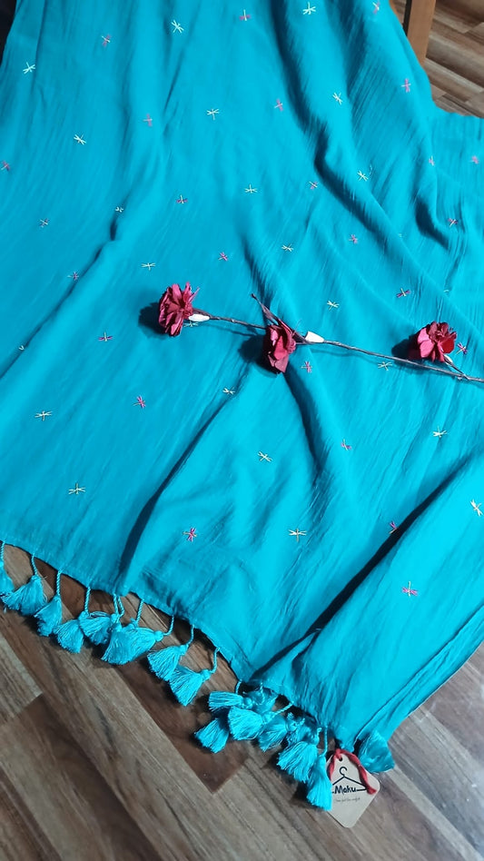 SKY BLUE GRASSHOPPER EMBROIDERY SAREE