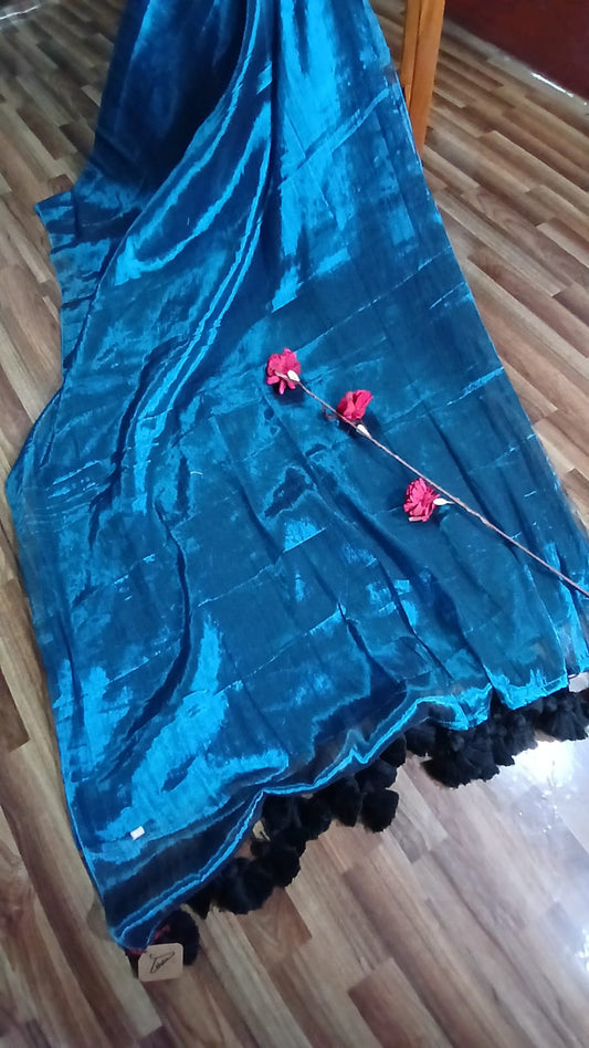 BLUE RAGA WITH BIG POMPOM TASSEL