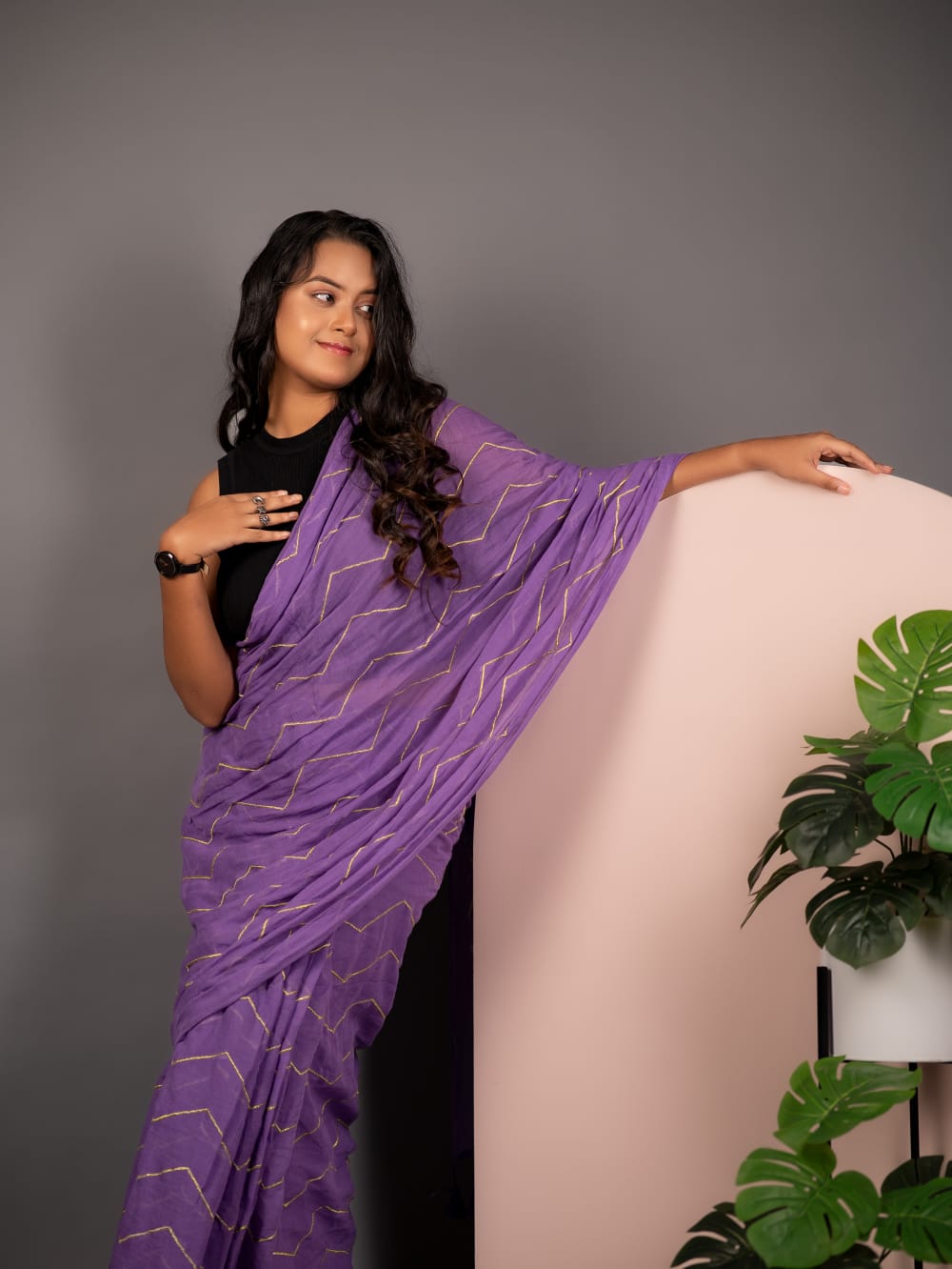 ZARI ZIGZAG EMBROIDERY PURPLE SAREE