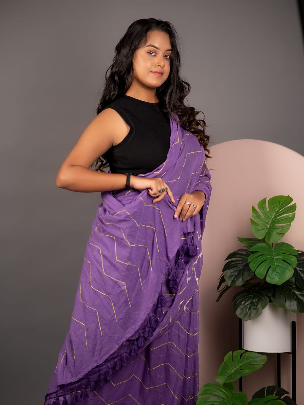 ZARI ZIGZAG EMBROIDERY PURPLE SAREE