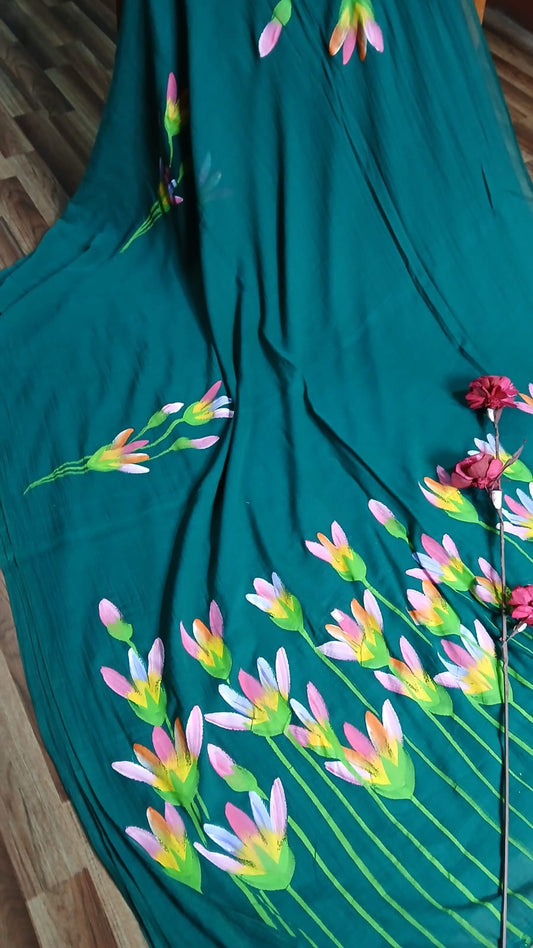 GREEN TULIP HANDPAINTED SAREE