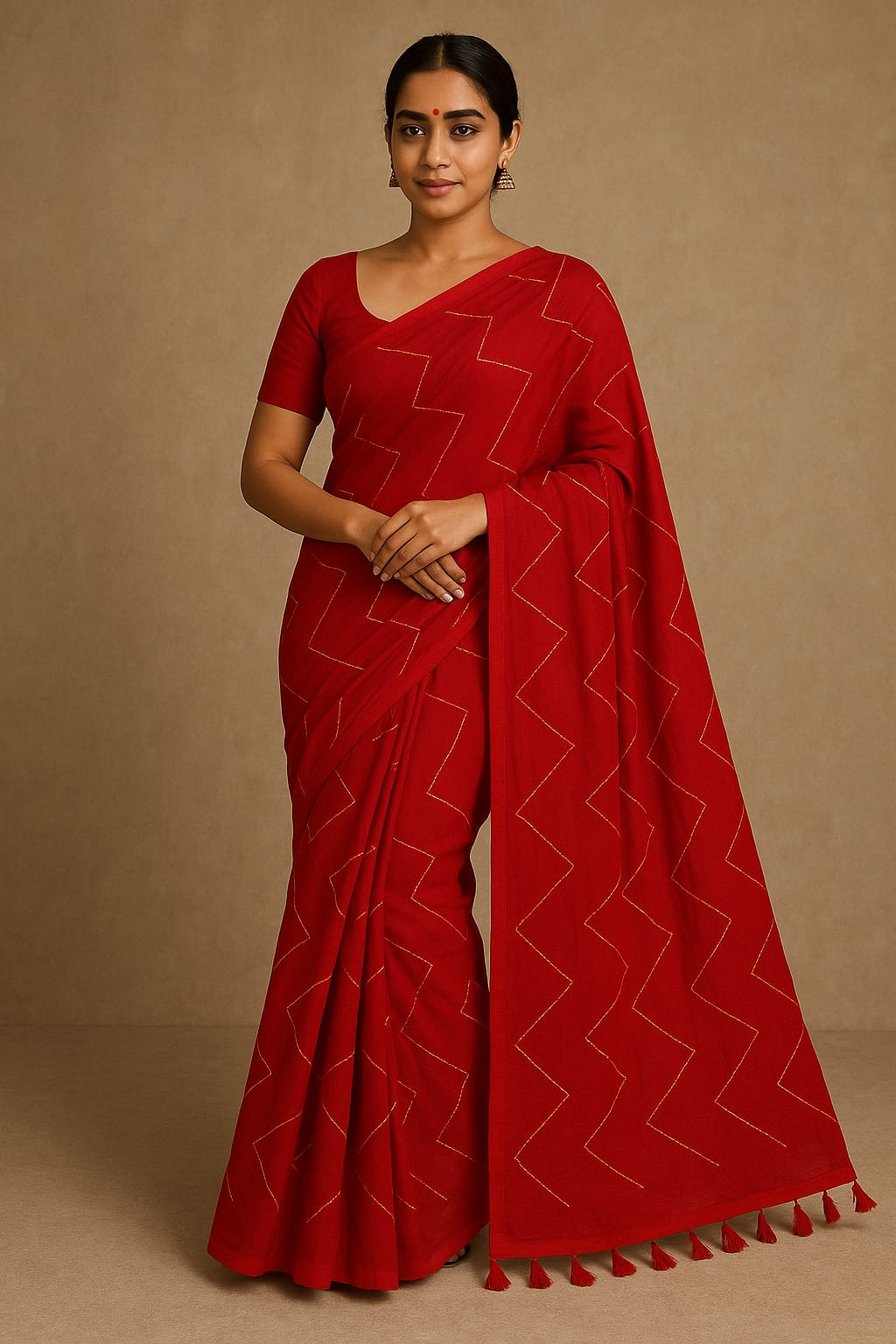ZARI ZIGZAG EMBROIDERY RED SAREE