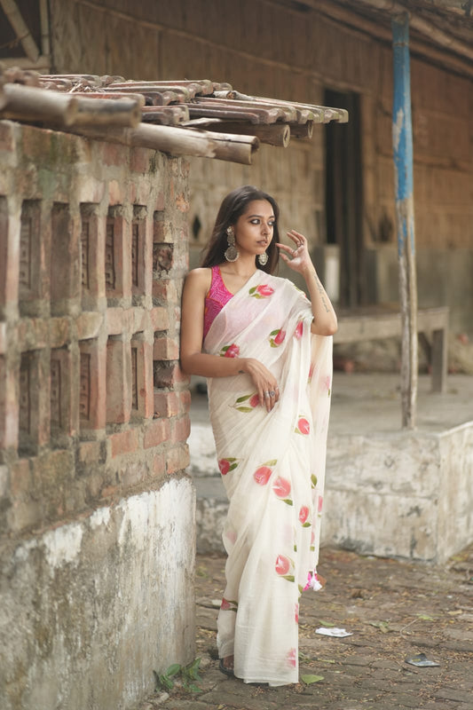 WHITE TULIP HANDPAINTED ZARI SAREE