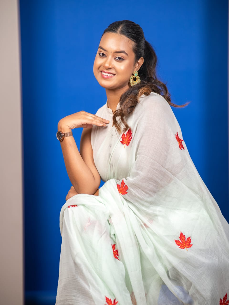 LIGHT SEA GREEN COLOUR MAPPLE LEAF EMBROIDERED SAREE